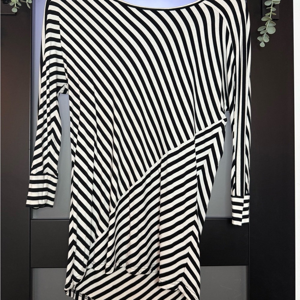 Calvin Klein Asymmetrical Black and White Striped Top